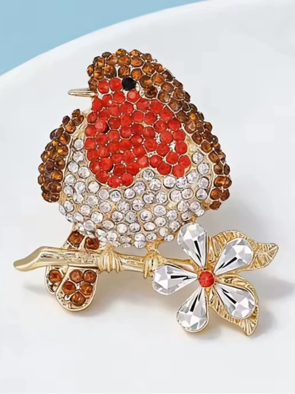 Crystal Robin Bird Floral Brooch
